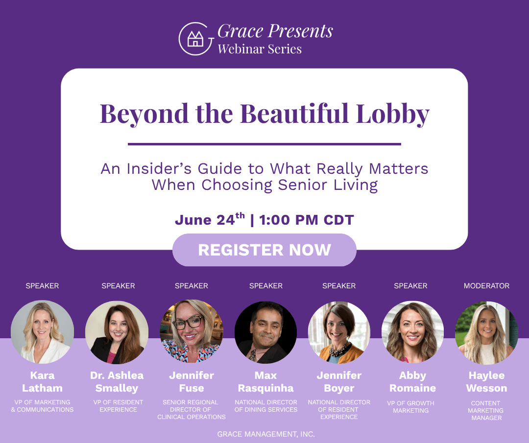 Promotional poster for Grace Presents Webinar Series: 'Beyond the Beautiful Lobby' with date June 24th, 1:00 PM CDT and a 'Register Now' button.